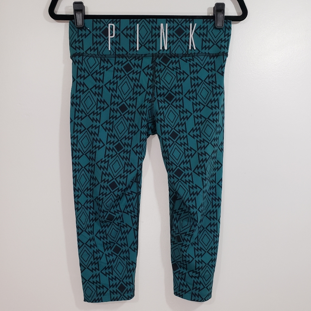PINK YOGA teal tribal print active capri Sz S